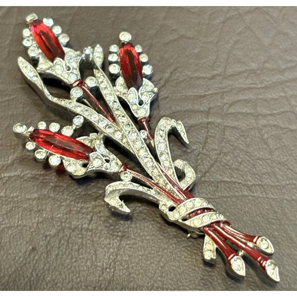 VTG 1941 Signed TRIFARI Krussman Fishel A. Spaney Floral Spray Enamel Brooch Pin - Picture 9 of 12